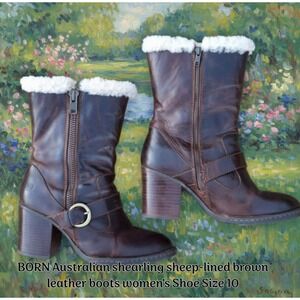BORN Shearling Lined Brown Leather Boots Womens 10 Block Heel Mid Calf Zip Vtg.